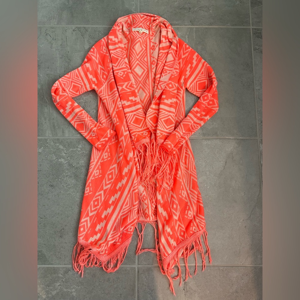 Women’s sweet journey orange fringed wrap sweater. Small.